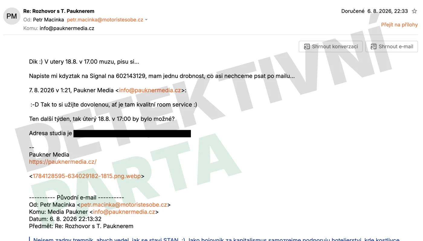 6. 8. 2026, 22:21 - domlouváme úterý 18. 8. v 17:00 a posíláme adresu studia (v ukázce redigována).