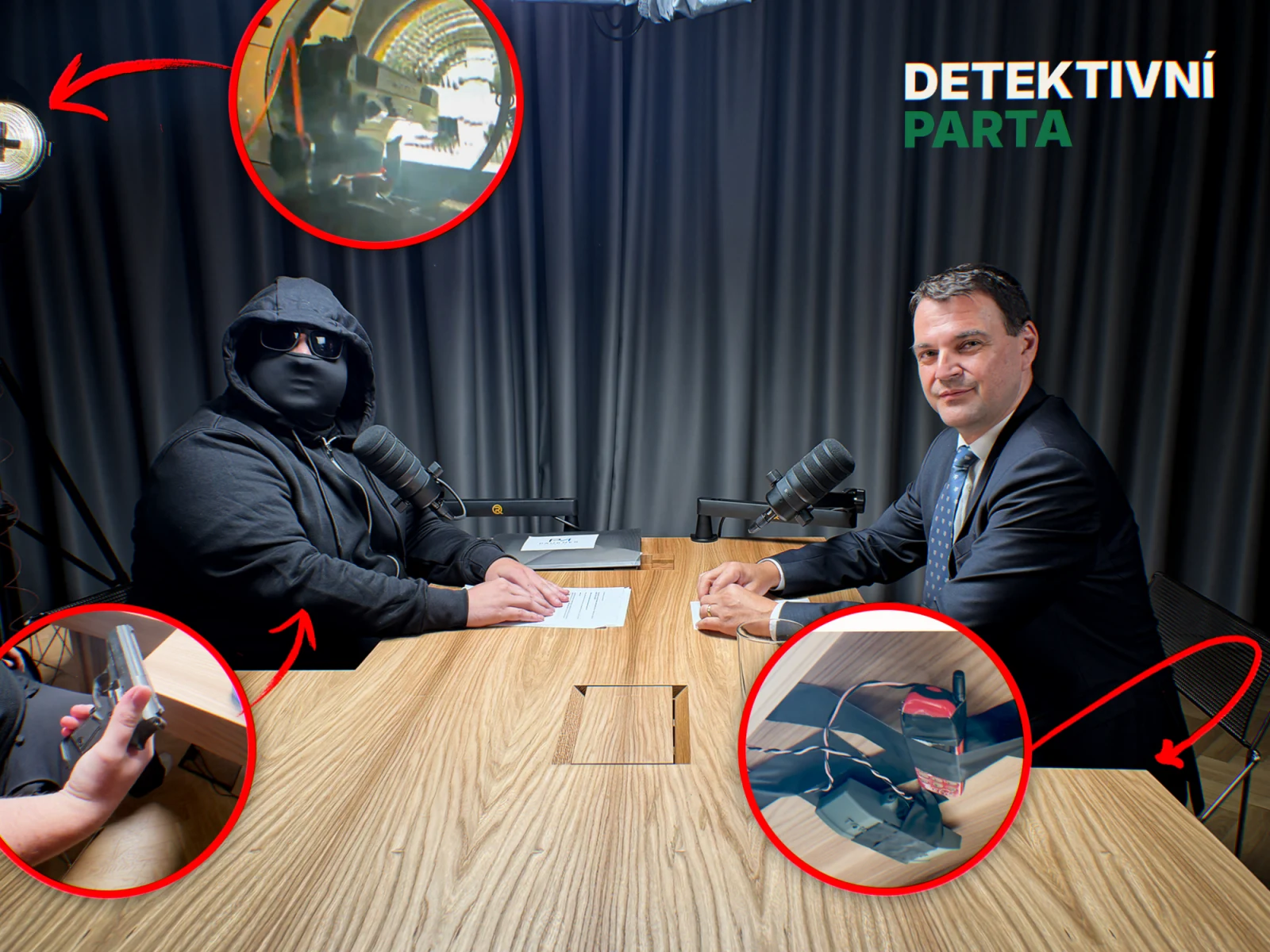 Vicepremiér Petr Macinka ve studiu s maskovaným „Thomasem Pauknerem“ - kroužky označují makety zbraní a atrapu výbušného systému