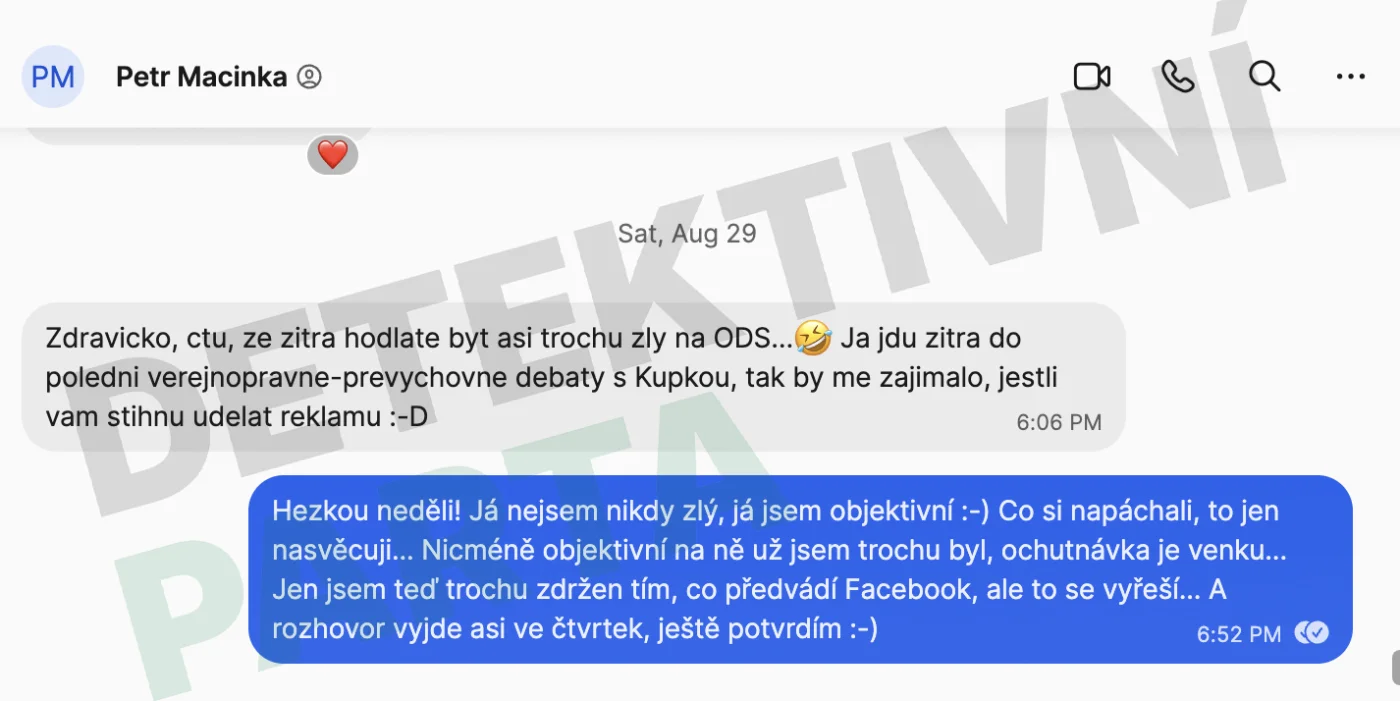 29. 8. 2026 - týden po natáčení se sám připomíná: „Zdravicko, ctu, ze zitra hodlate byt asi trochu zly na ODS… jestli vam stihnu udelat reklamu :-D“