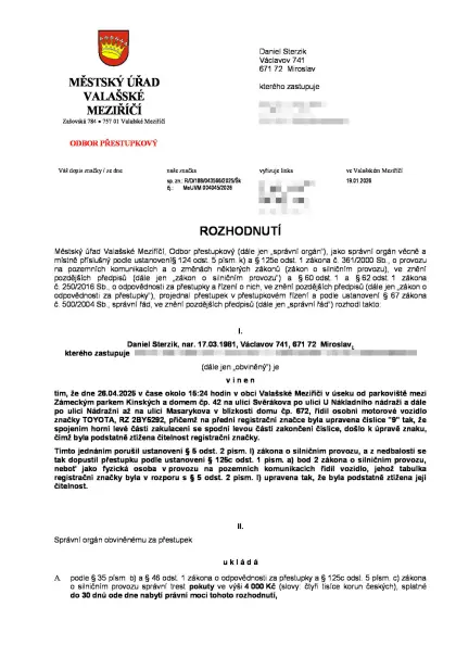 Rozhodnutí MěÚ Valašské Meziříčí z 19. 1. 2026 — Daniel Sterzik vinen, pokuta 4 000 Kč (str. 1, anonymizovaná verze)