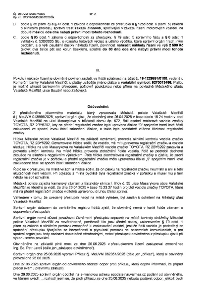 Rozhodnutí MěÚ Valašské Meziříčí — zákaz řízení na 6 měsíců a odůvodnění (str. 2)