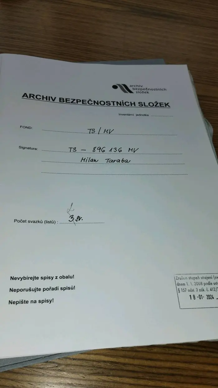 Obal spisu Archivu bezpečnostních složek, fond TS/MV, signatura TS-896136 MV, Milan Taraba
