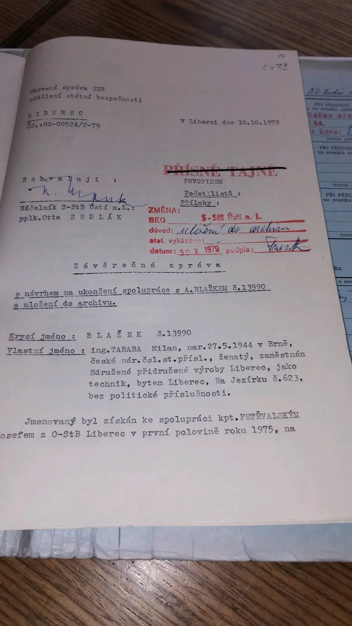 Závěrečná zpráva StB 1979 — ukončení spolupráce s agentem Blažkem č. 13990